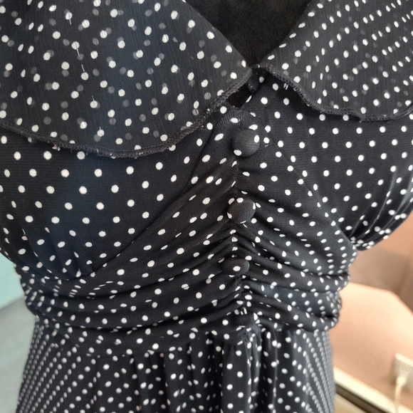 MAURICES Dress Medium Black & White Polka Dot Ruched Capped Sleeve - Picture 2 of 4